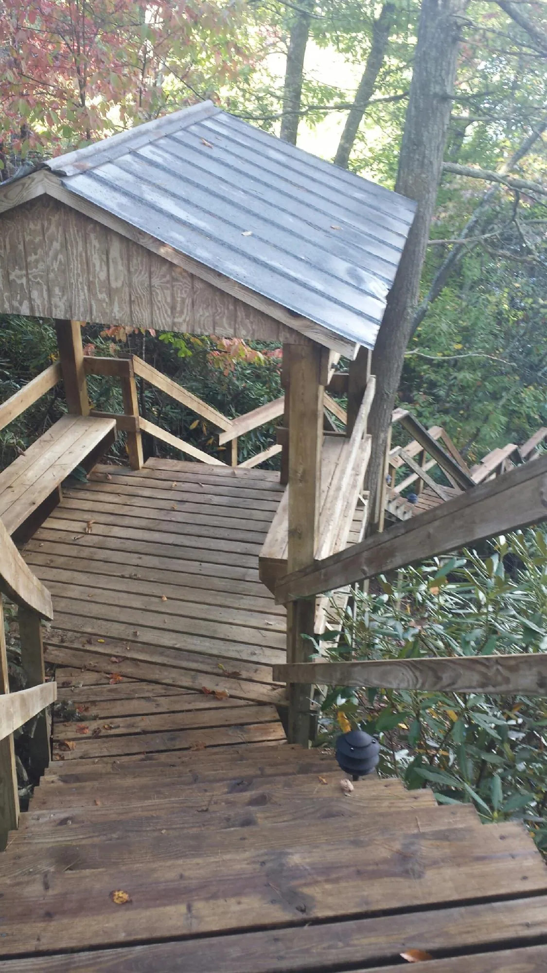 Metal roofed shelter over wooden steps on a wooded walkway — Skylight Repair & Installation work by our crew in Martinsdale